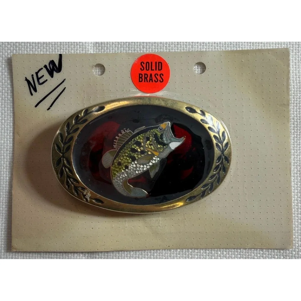 Vintage Solid Brass Largemouth Bass‎ Fishing Belt Buckle Cloisonne Enamel Oval